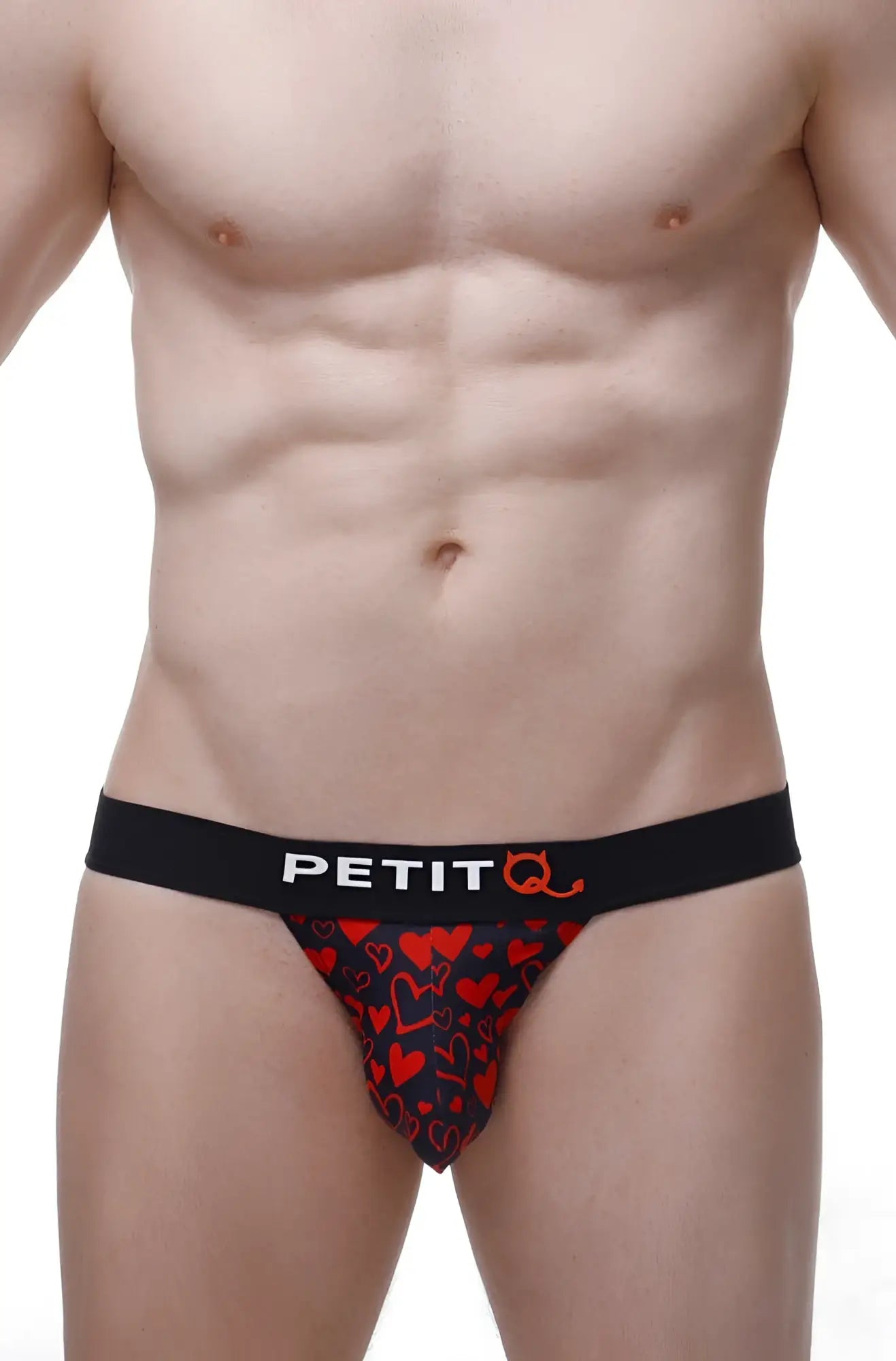 Black and red heart patterned petitq men’s briefs with black waistband and brand logo king of hearts design