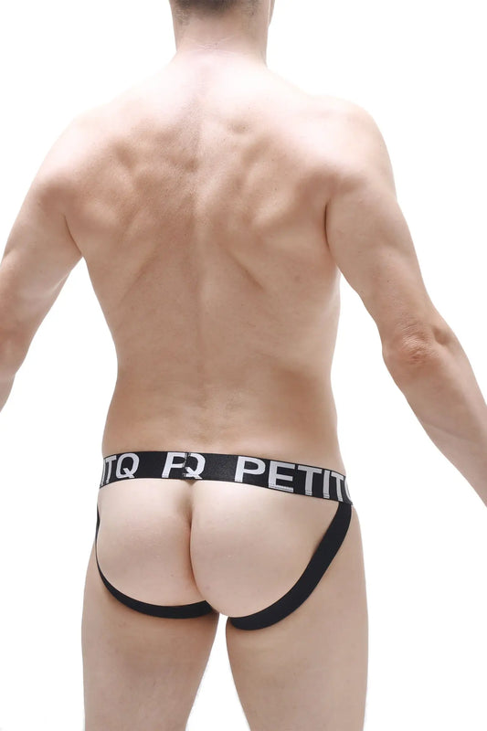 Black athletic jockstrap with pad featuring bold white petitq logo band on the waistband