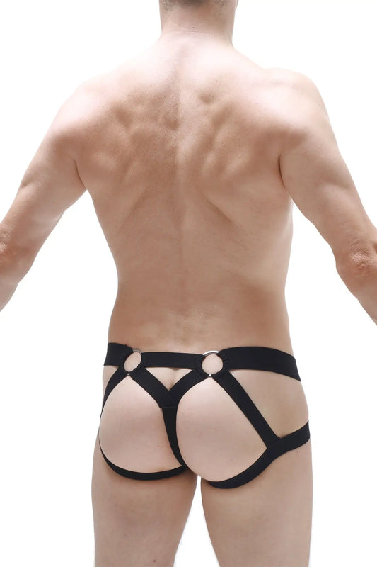 Black leather-like harness-style jockstring brest briefs with circular metal rings at the back side