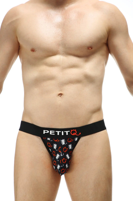 Black petitq jockstring millesime men’s briefs with playful white and red cartoon cat pattern