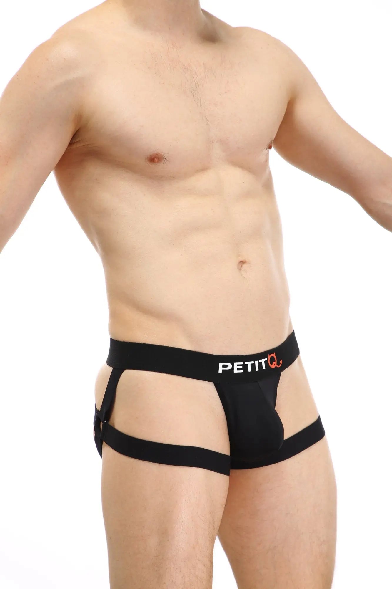 Black petitq jockstring seyre mens briefs with supportive contoured design and side straps shown from the back side