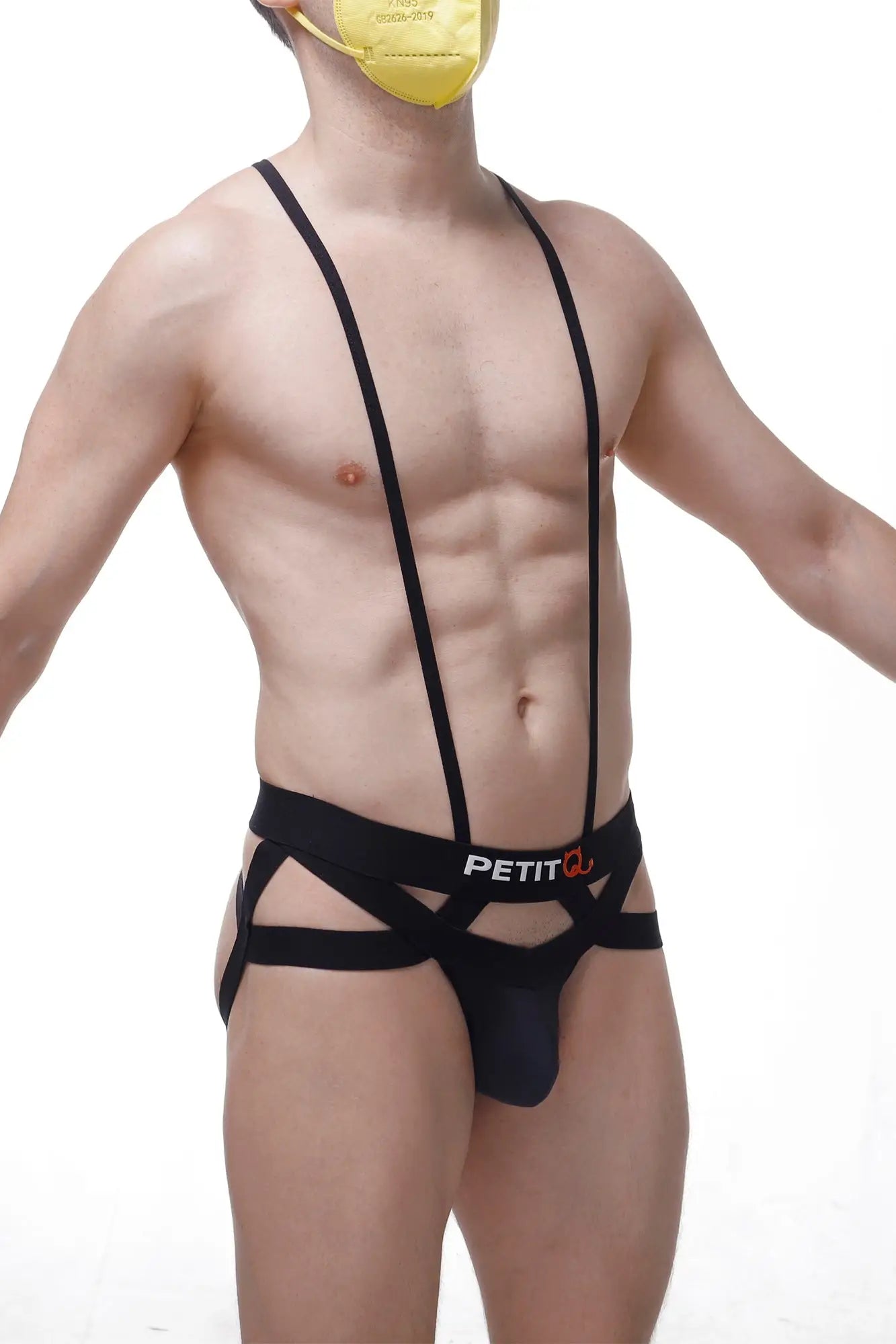 Black petitq jockstring suspenbust men’s strappy briefs with crisscross design and elastic waistband