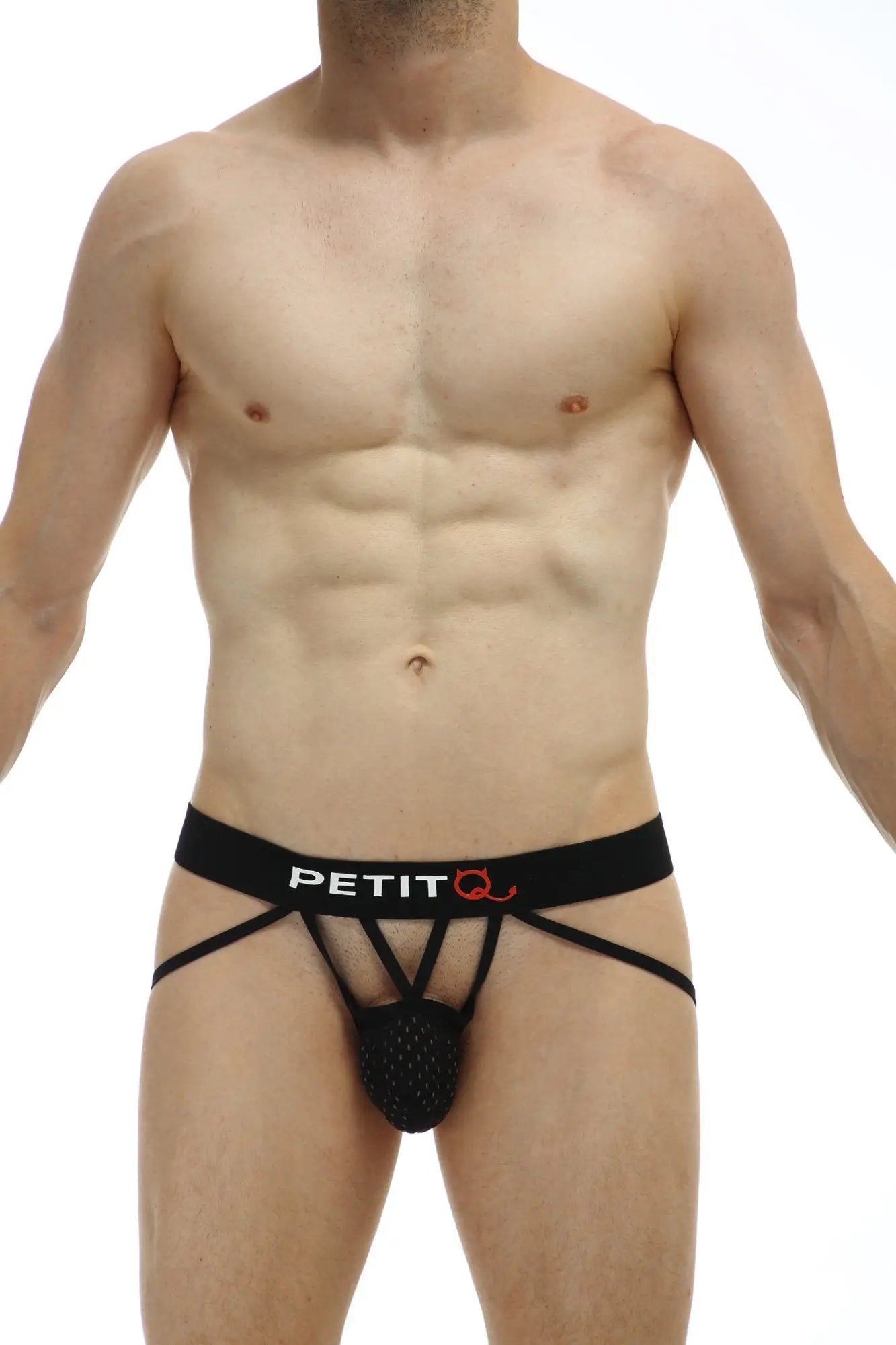 Black petitq brand men’s briefs jockthong aissey bee black with mesh front panel and supportive straps