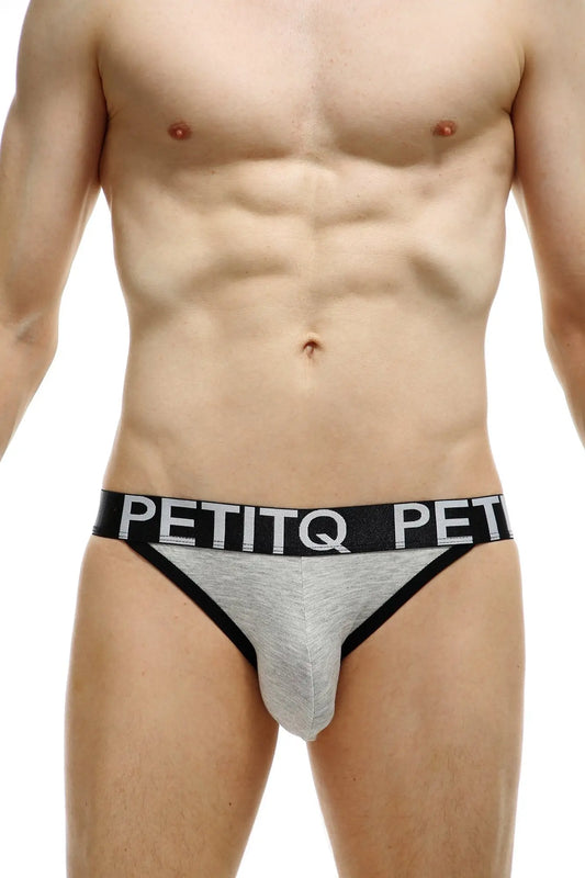 Gray and black petitq men’s briefs with a textured fabric waistband featuring the brand name in white lettering