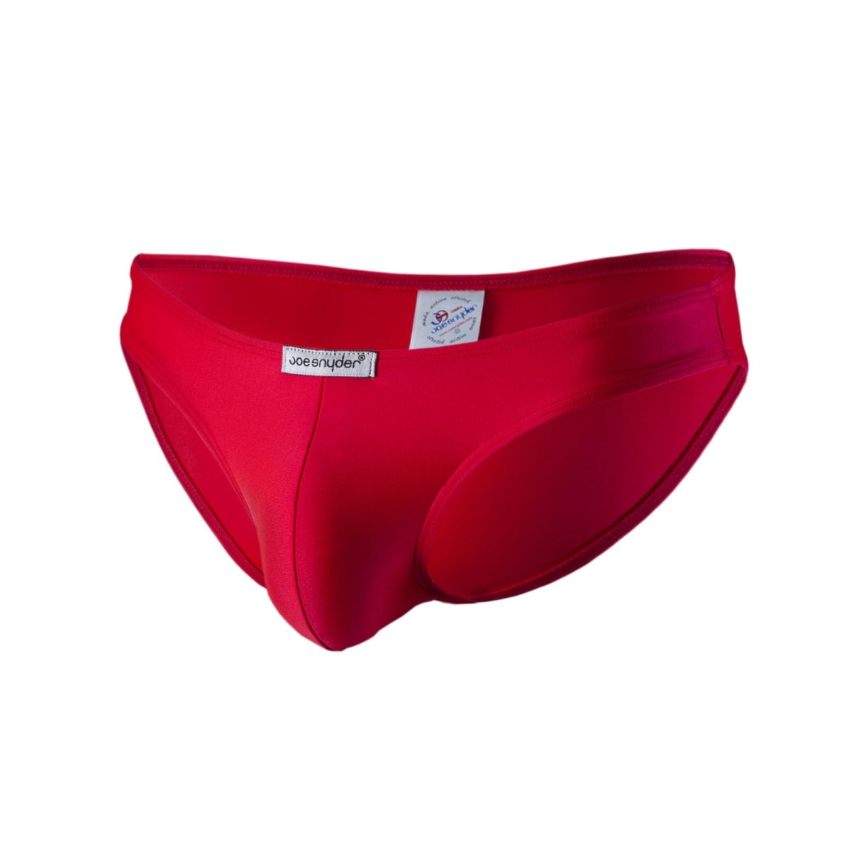 Bright red joe synder men’s swim trunks with smooth form-fitting design in classic polyester fabric