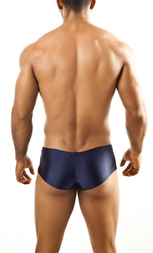 Navy blue satin joe snyder bulge boxer swim trunks with contoured pouch for enhanced support and style