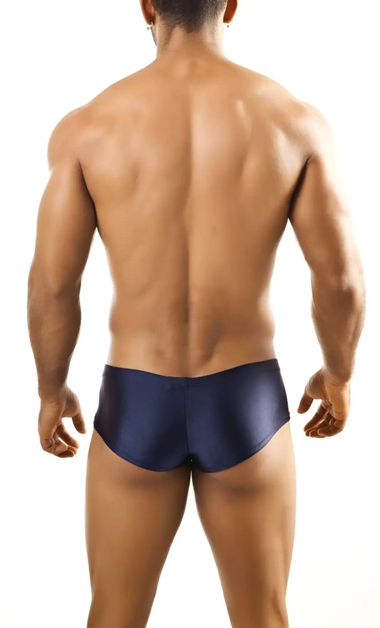 Navy blue satin swim trunks joe snyder bulge boxer showcasing smooth material and sleek design for swimwear use