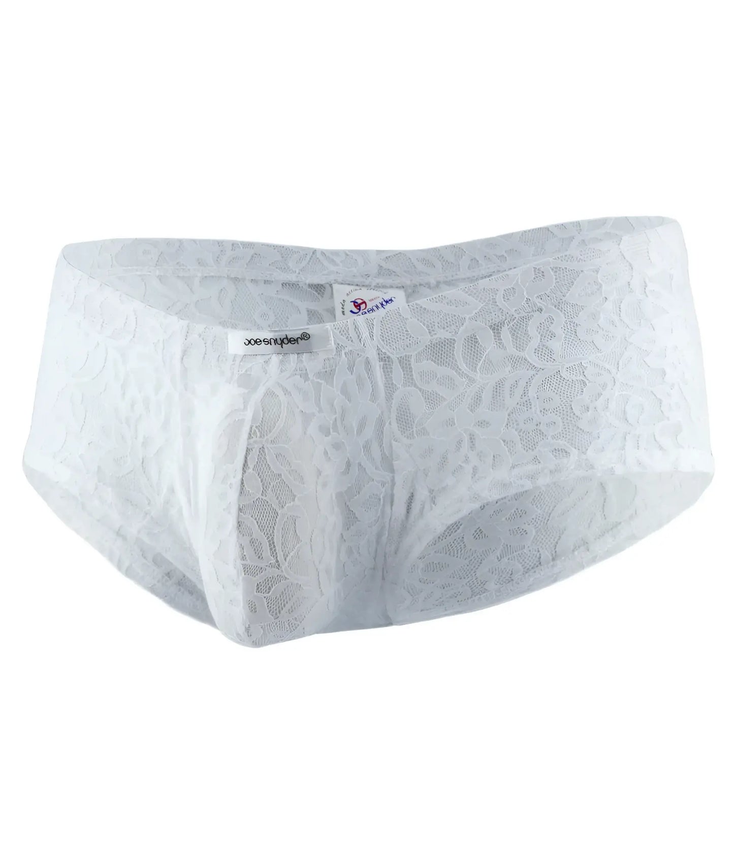 White lace joe snyder bulge boxer men’s underwear with delicate floral pattern and sheer mesh detailing