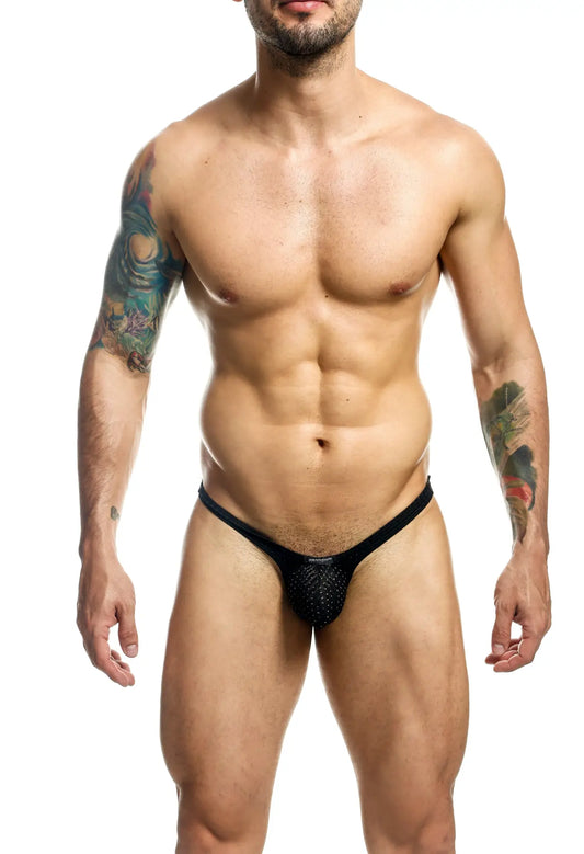 Black mesh joe snyder bulge thong holes with sleek form-fitting design and breathable material visible from the back side