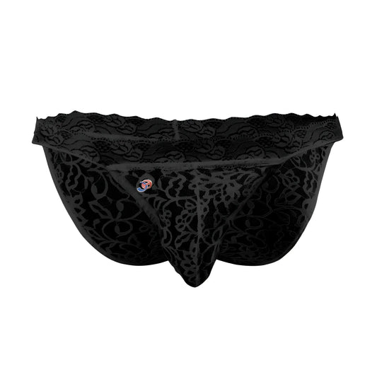 Black lace-trimmed men’s briefs with floral pattern and small circular logo joe snyder low rise bikini brief lace jslo1