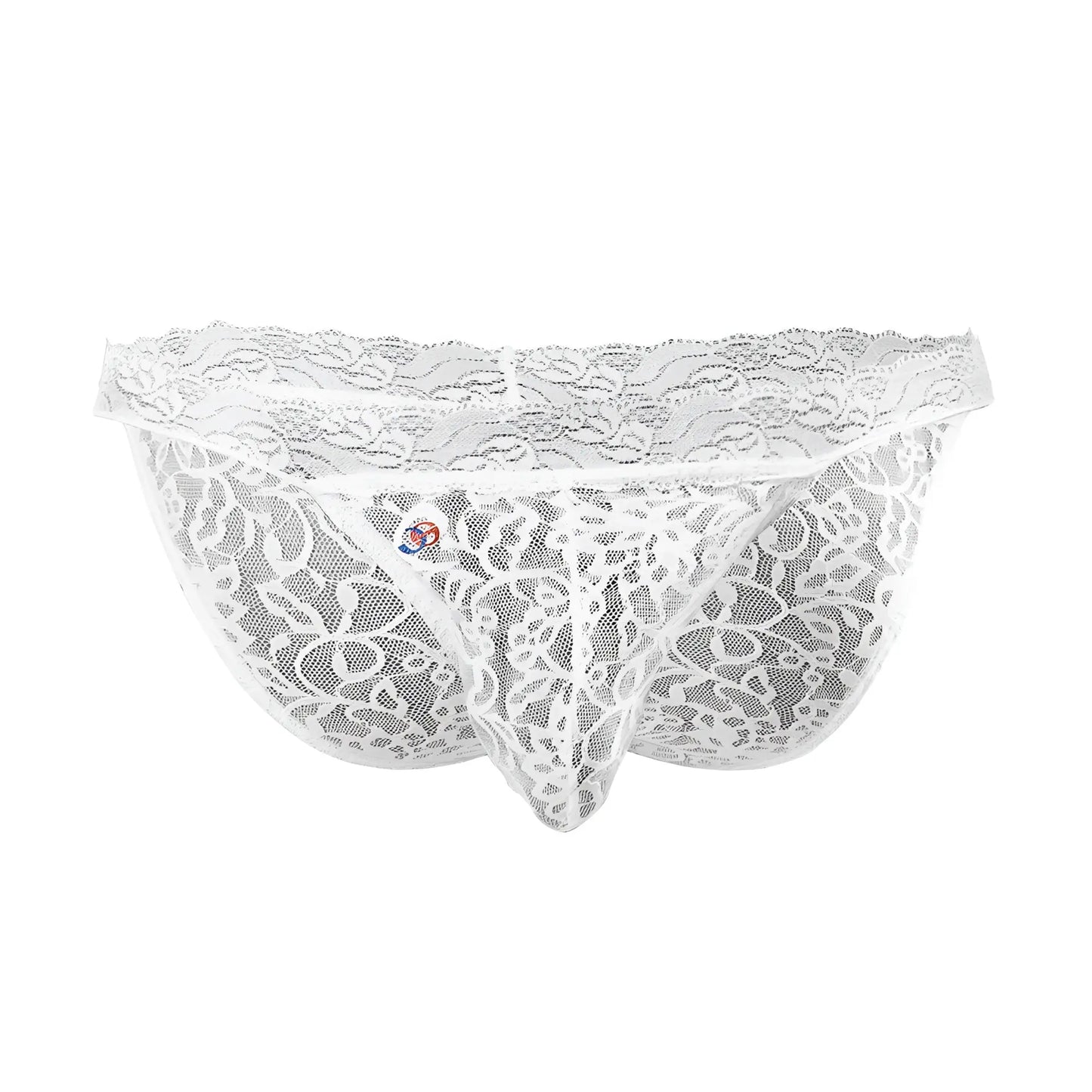 White lace thong joe snyder low rise bikini brief with intricate floral patterns and sheer mesh design front view