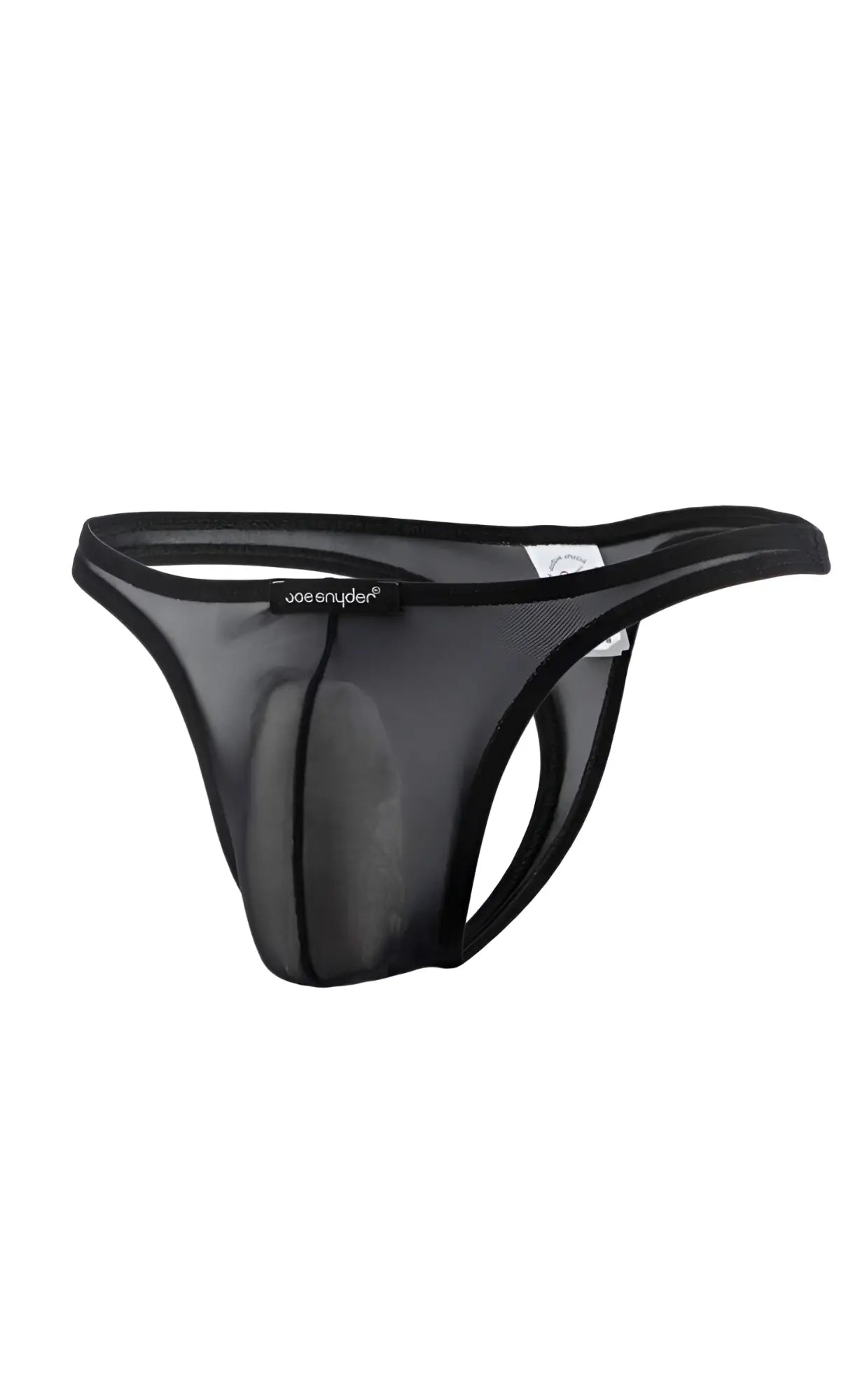 Black mesh thong with a solid black waistband featuring the brand name joesnyder for stylish comfort