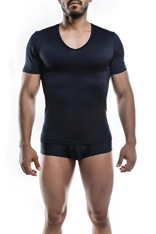Black short-sleeved v neck athletic shirt made of stretchy fabric by Joe Snyder for active wear