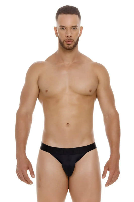 Black sleek form-fitting jor 2050 element thongs made of soft fabric showcasing the front view