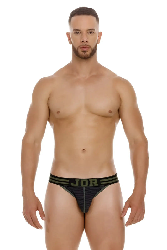 Black jor 2058 college bikini brief with olive green stripes and lettering for comfortable everyday wear