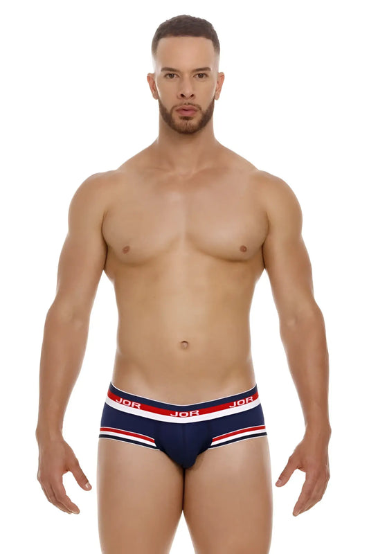 Navy blue jor 2062 sailor briefs with red and white striped trim and branded waistband for comfortable wear
