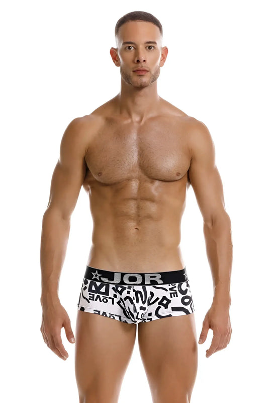 White boxer briefs with bold black graphic print and jor logo on waistband from jor 2185 love trunks color printed collection