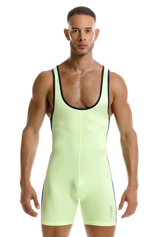Neon green jor 2216 fighter bodysuit wrestling singlet with black trim along neckline and sides