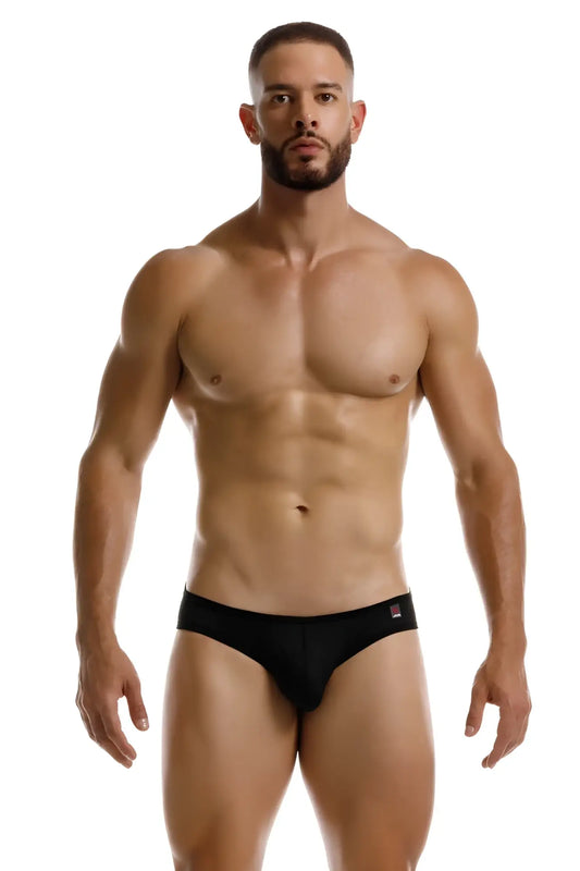 Black jor 2242 origin thongs with a small red and white logo on the waistband showing front side details