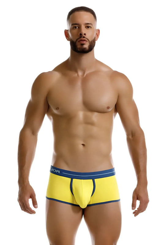 Bright yellow jor 2243 astra trunks with navy blue trim and waistband featuring jor logo men’s briefs