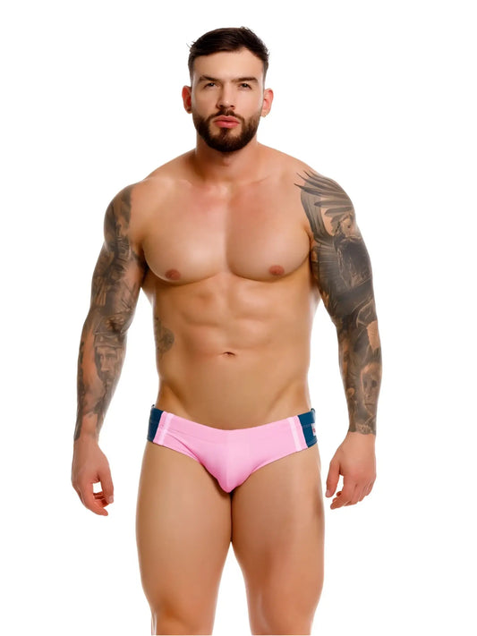 Pink jor 2384 wind swim briefs with navy blue side panels designed for comfortable swimming and quick drying