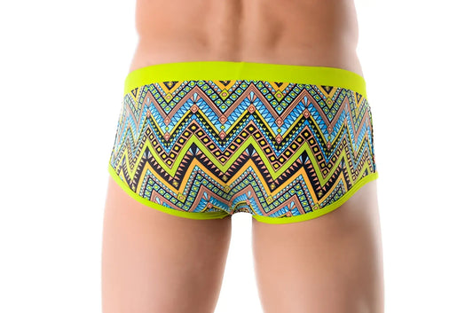 Jor africa brief swimwear size l in bright neon green waistband with multicolored geometric zigzag patterns
