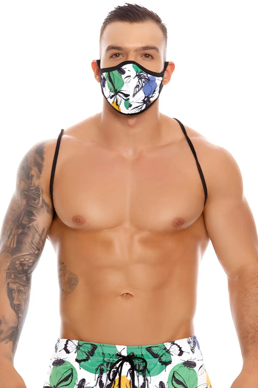 Jor Beetle Mask 1321 one size vibrant tropical leaf and butterfly patterned face mask with black trim
