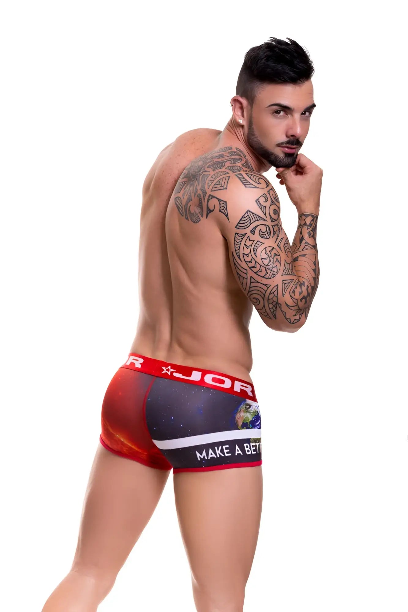 Red and black jor believe boxer briefs with cosmic earth and stars design and make a bet text size s