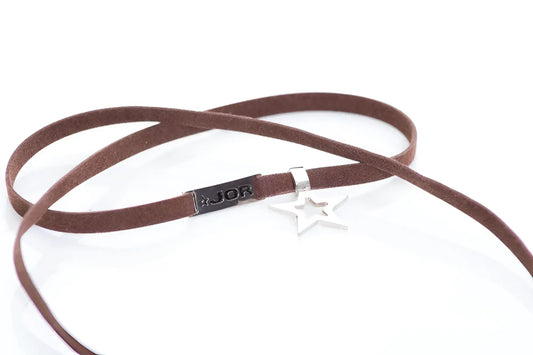 Brown suede jor bracelet choker with silver star pendant and black rectangular tag engraved with jor size one size