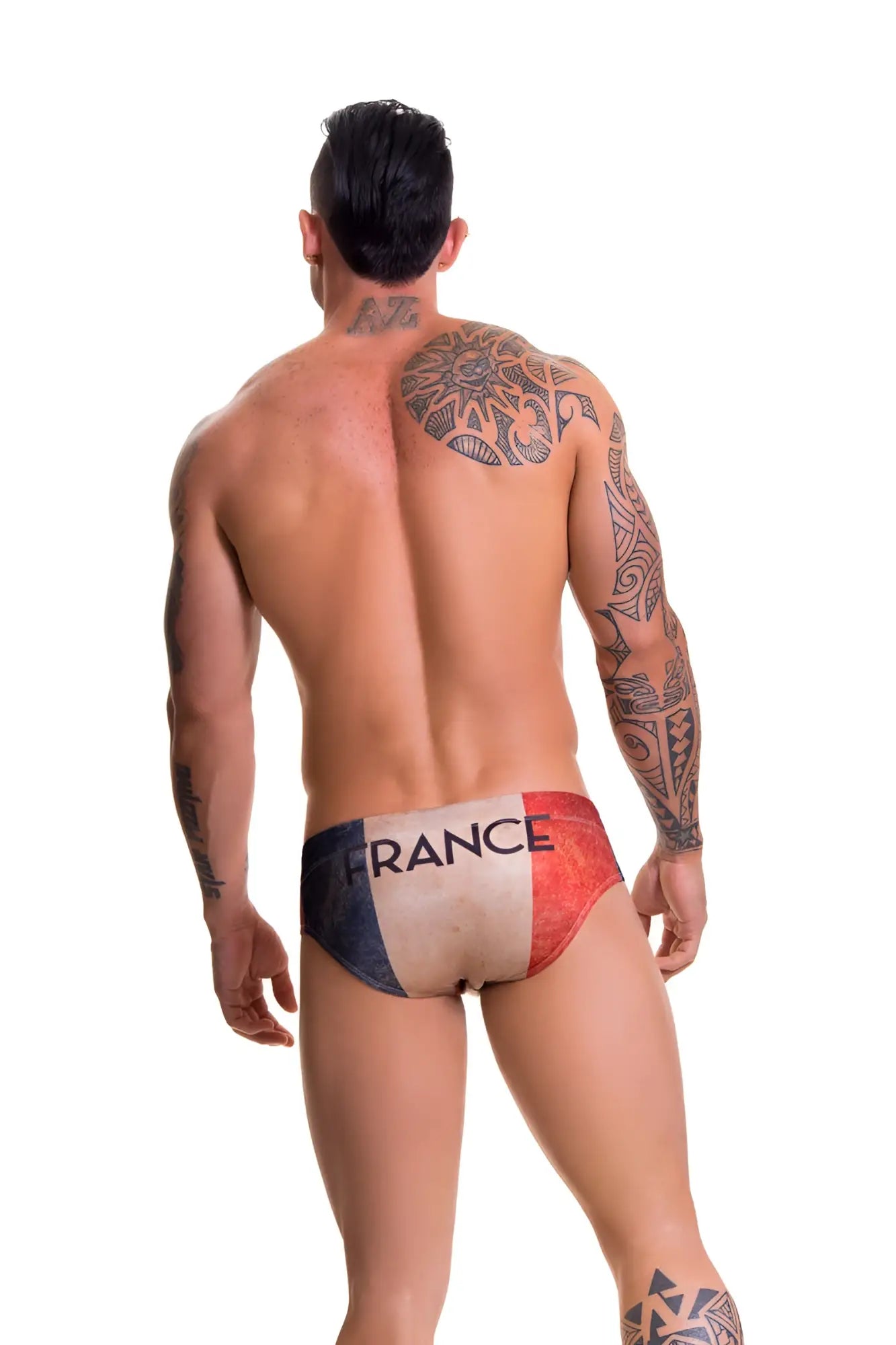 Jor france brief swimwear size m featuring france flag blue white red stripes with france printed on waistband