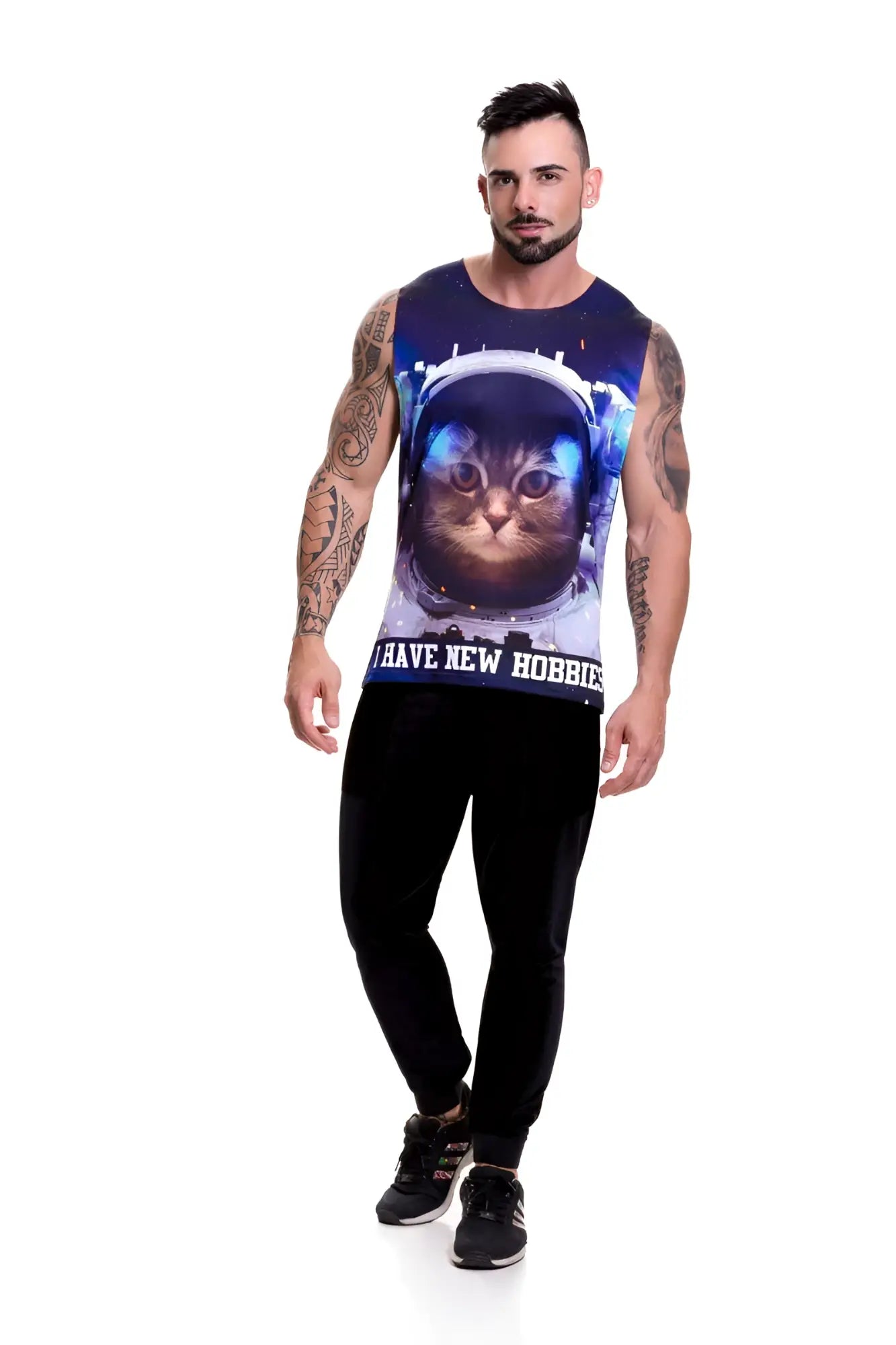 Navy blue sleeveless jor galactic tank top featuring 3d printed astronaut cat with glowing blue accents size xl