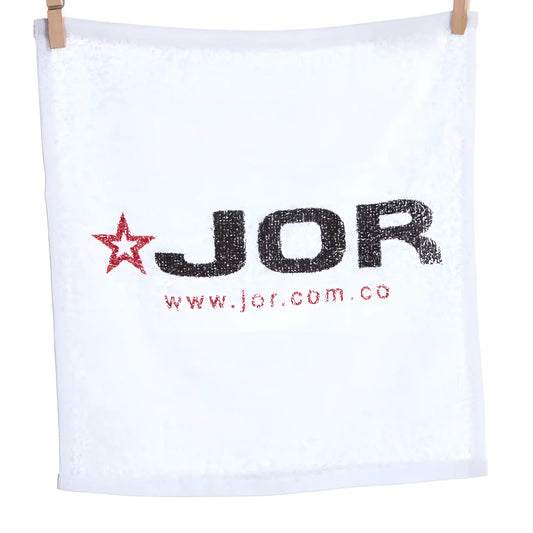 White terry cloth jor gym towel mini towel with black and red embroidered logo and star design