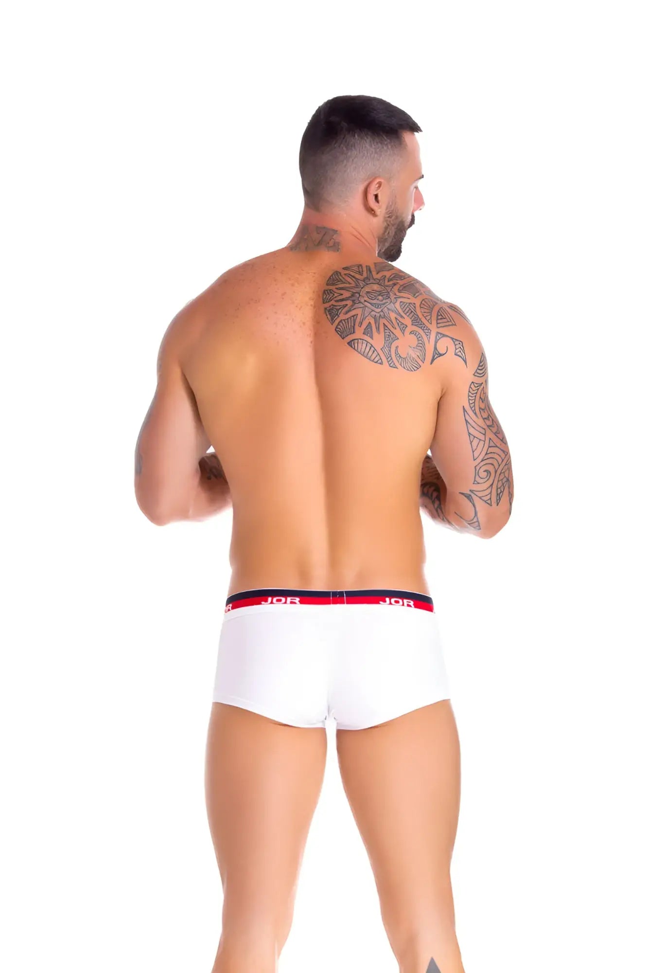 White jor naval boxer briefs in medium featuring red and navy elastic waistband with jor logo in cotton fabric