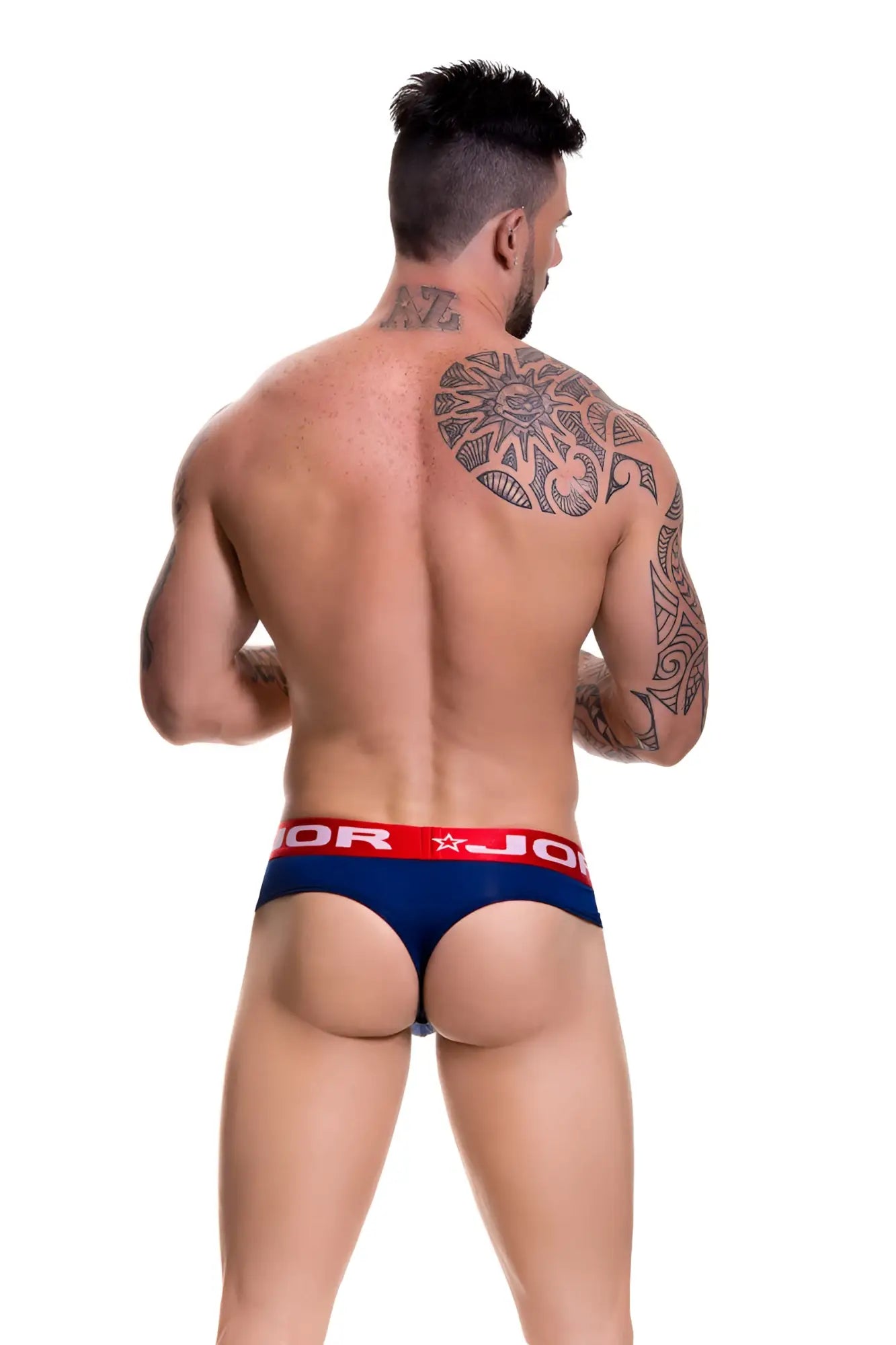 Navy blue jor soft bikini thong underwear size s with red waistband and star logo design front view