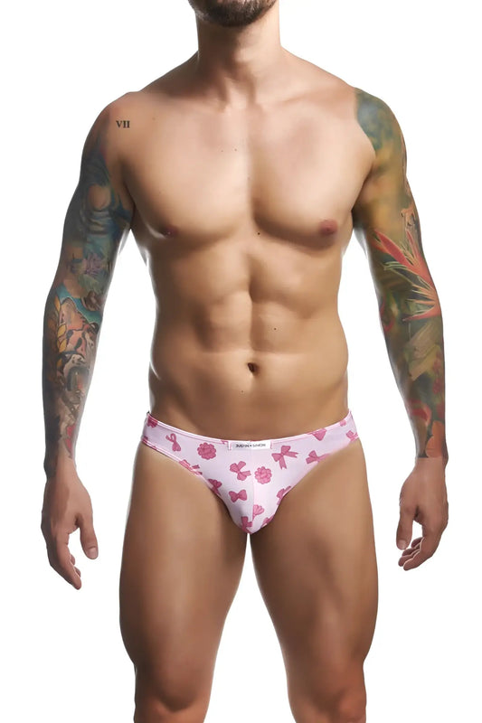 Pink calvin klein classic bikini briefs with pink bows and ribbons pattern from justin simon xsj01 coquette collection