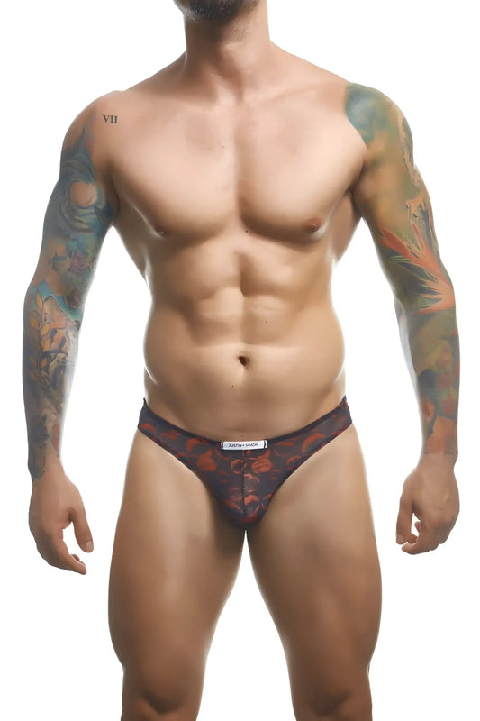 Black briefs justin+simon xsj01 classic bikini with vibrant red and orange floral pattern and dare to wear label