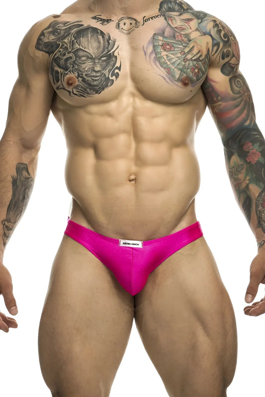 Bright pink justin simon xsj01 classic bikini briefs with white brand label made for athletic use