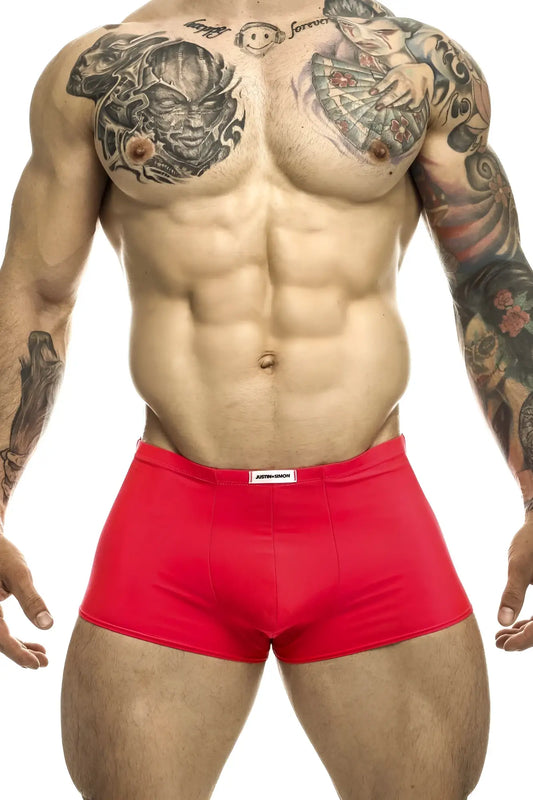 Red Justin Simon classic trunks coral briefs with white brand tag on waistband for athletic use