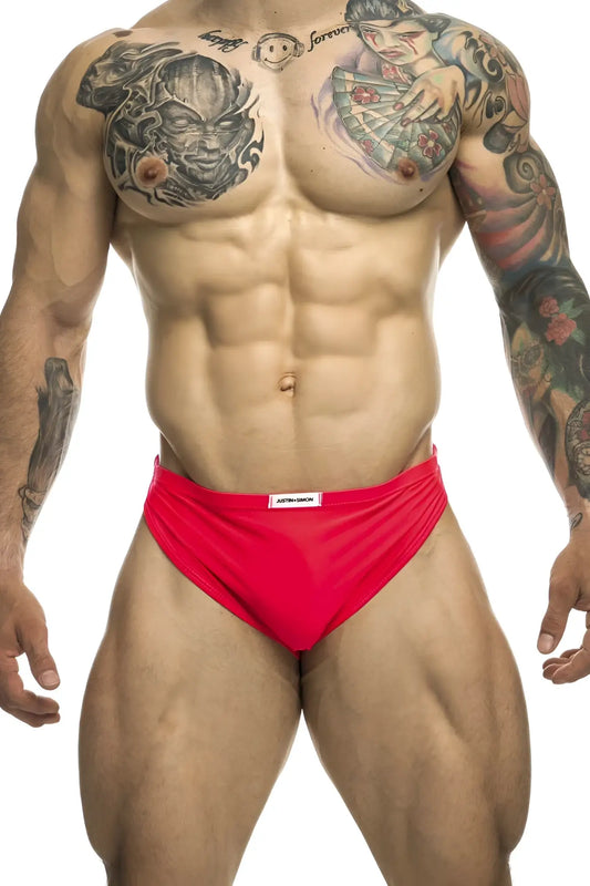 Coral bright red justin simon xsj09 running shorts with form-fitting briefs and white brand tag at waistband