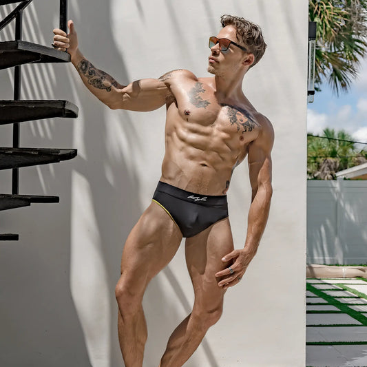 Black briefs kyle kli033 bikini brief with subtle yellow trim and kappa logo on the waistband