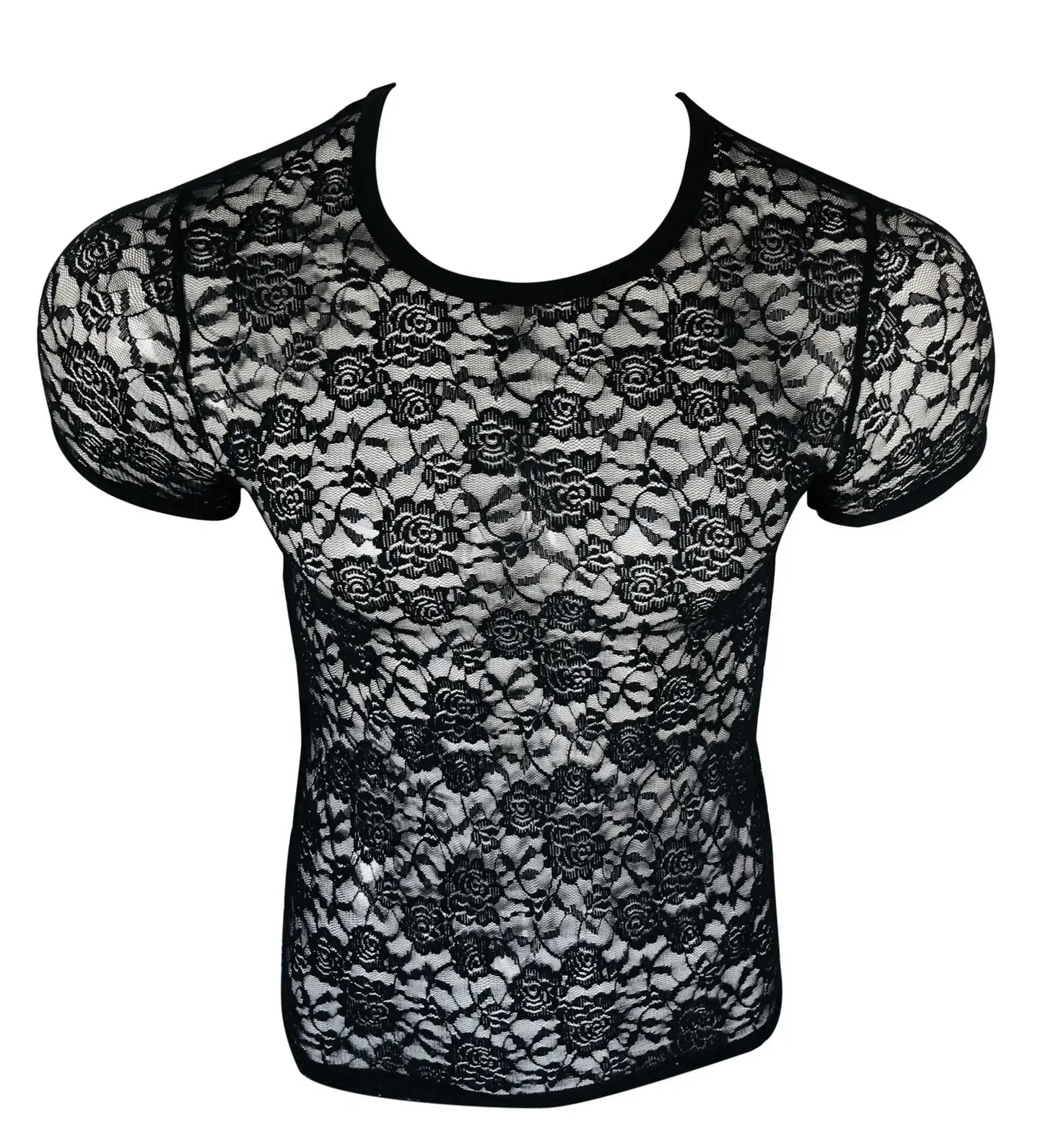 Black lace tee with floral pattern and short sleeves made of delicate lace fabric for stylish casual wear
