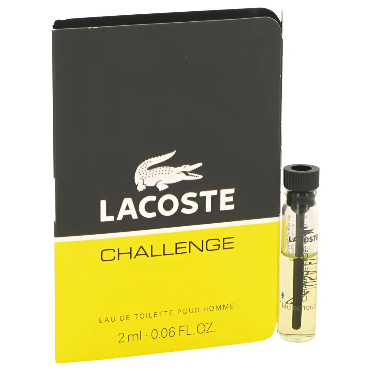 Lacoste challenge eau de toilette for men in a 2ml glass vial with black cap beside black yellow box with white crocodile logo