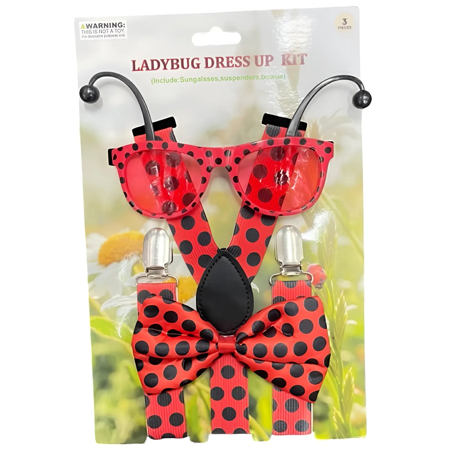 Ladybug dress-up kit featuring red and black polka-dotted accessories including sunglasses suspenders and bow tie