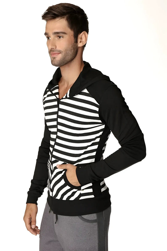 Limited edition form-fit crossover yoga track performance fleece hoodie with black and white stripes and solid black sleeves