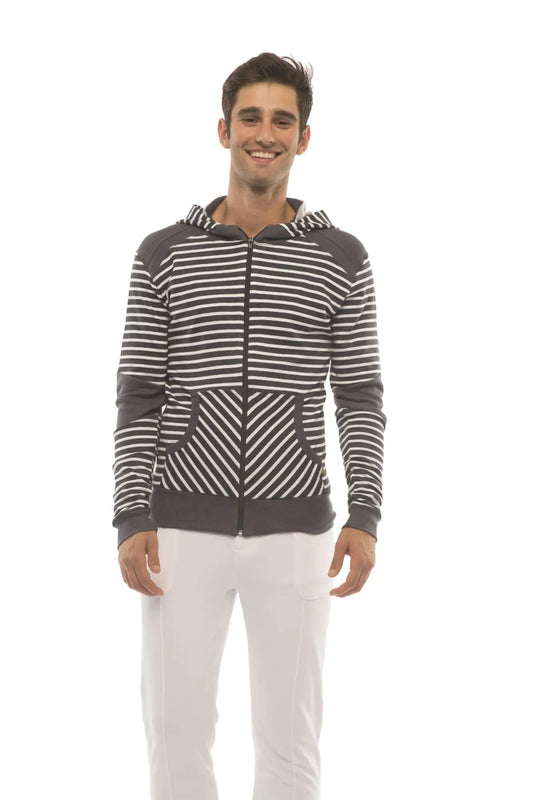 Limited edition men’s charcoal form-fit crossover yoga track fleece hoodie with black and white stripes and dark gray panels