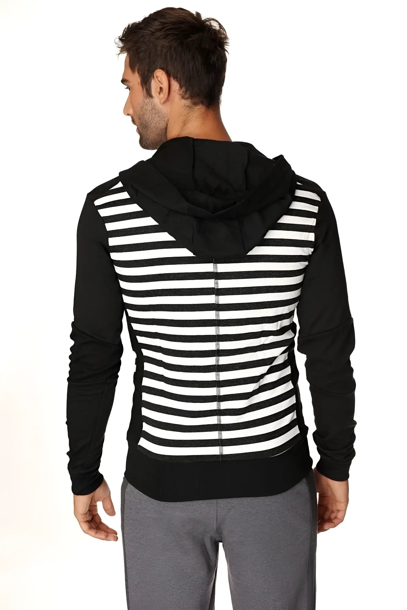 Limited edition black and white striped form-fit crossover yoga track fleece hoodie with solid black hood sleeves and hem