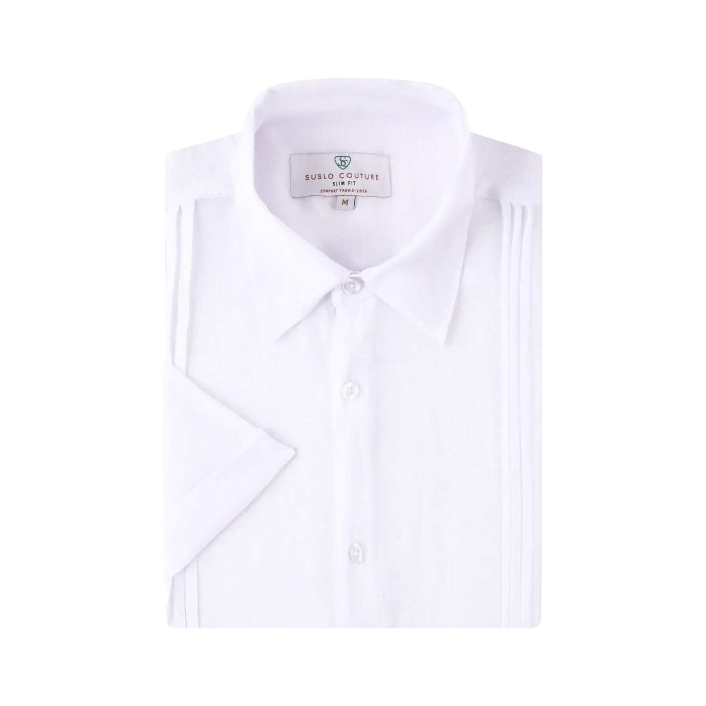 A crisp white linen air short-sleeved dress shirt with slim fit and subtle pleats featuring a classic collar