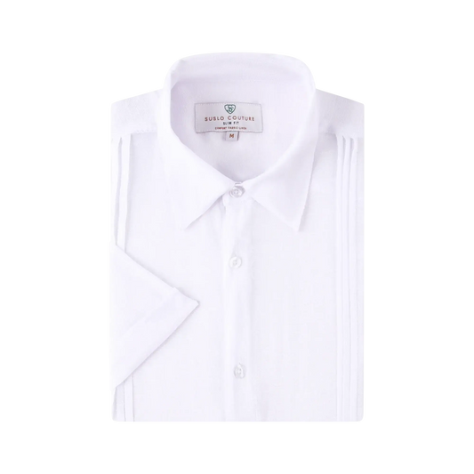 A crisp white linen air short-sleeved dress shirt with slim fit and subtle pleats featuring a classic collar