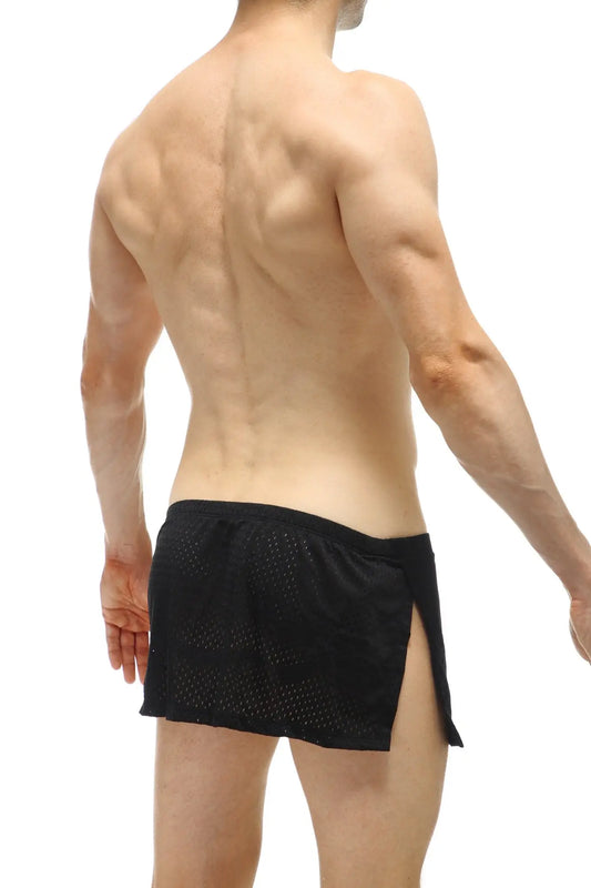 Black mesh loincloth bee athletic shorts with side slit and jockstrap for breathable activewear use