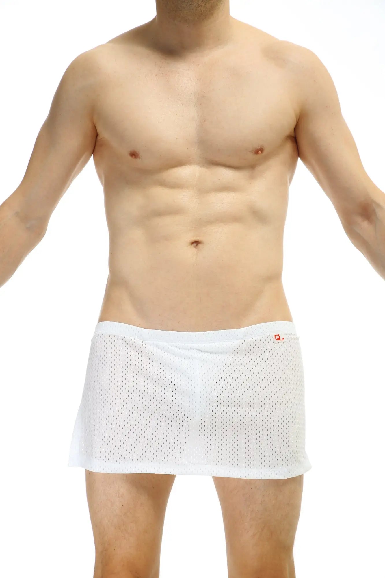White mesh briefs loincloth bee white with jockstrap featuring a subtle red logo on the waistband